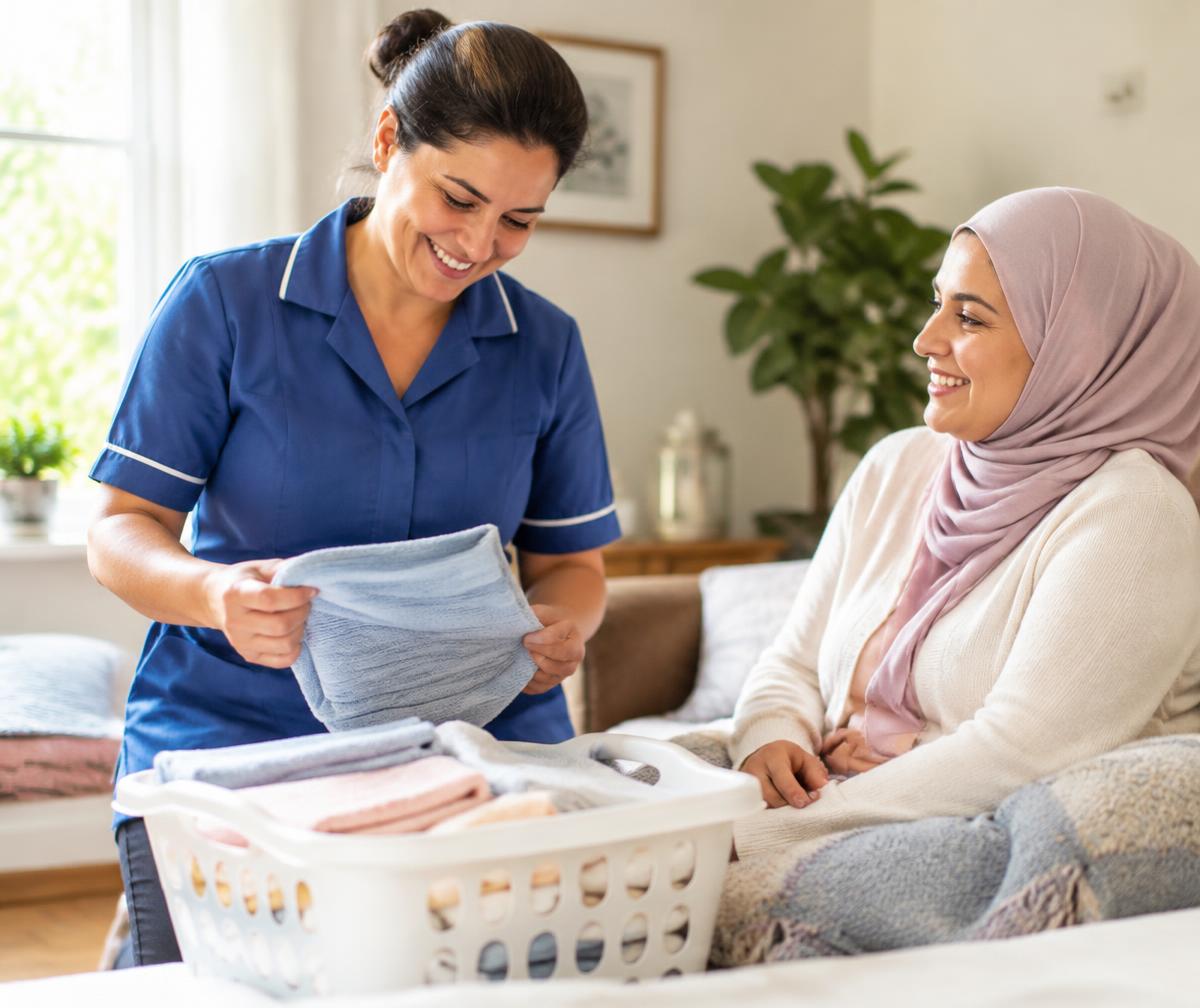 A caring cleaner helping a client with fresh laundry at home