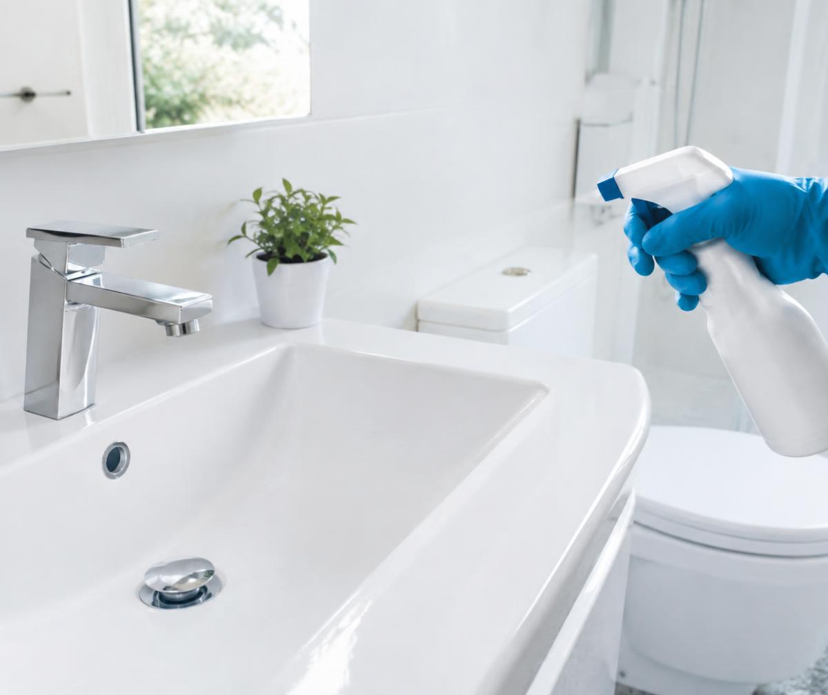 Freshly sanitized, sparkling white bathroom sink